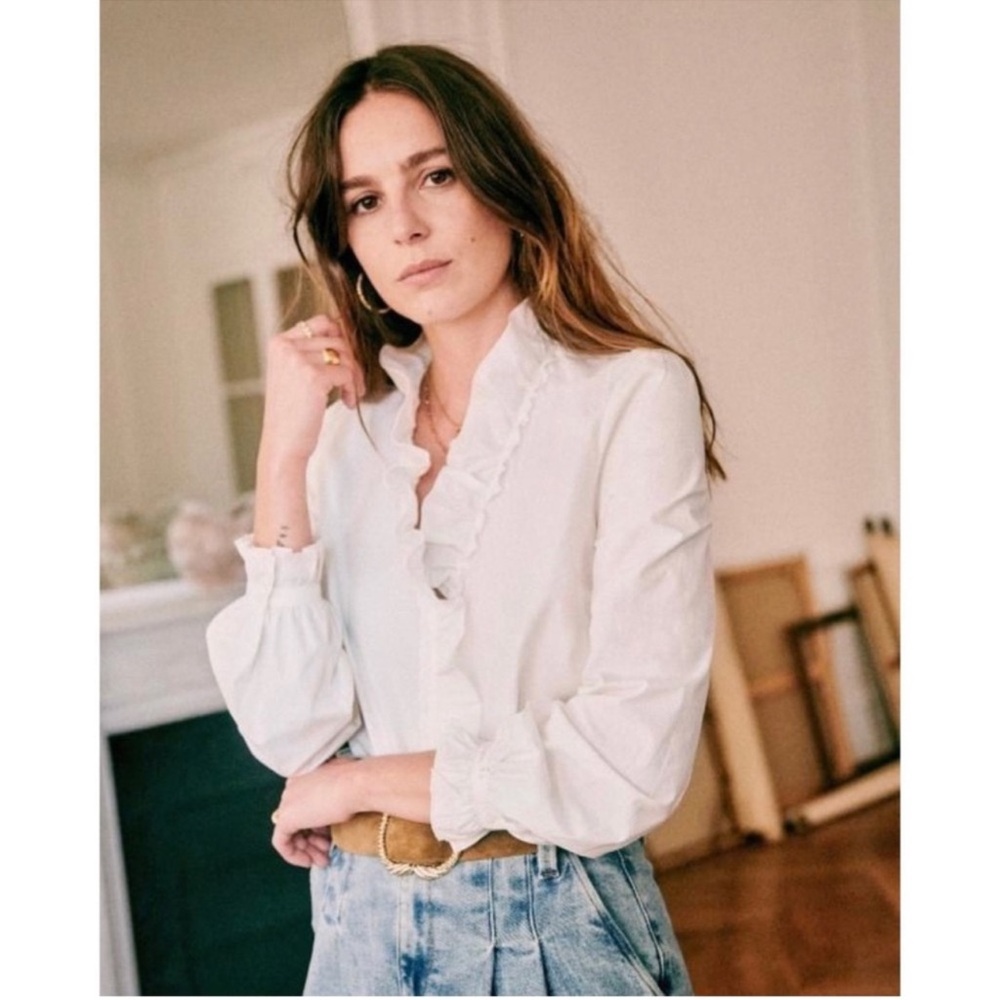 Sezane Vera Ruffle Button Up  Cotton Shirt Blouse Ecru size 2